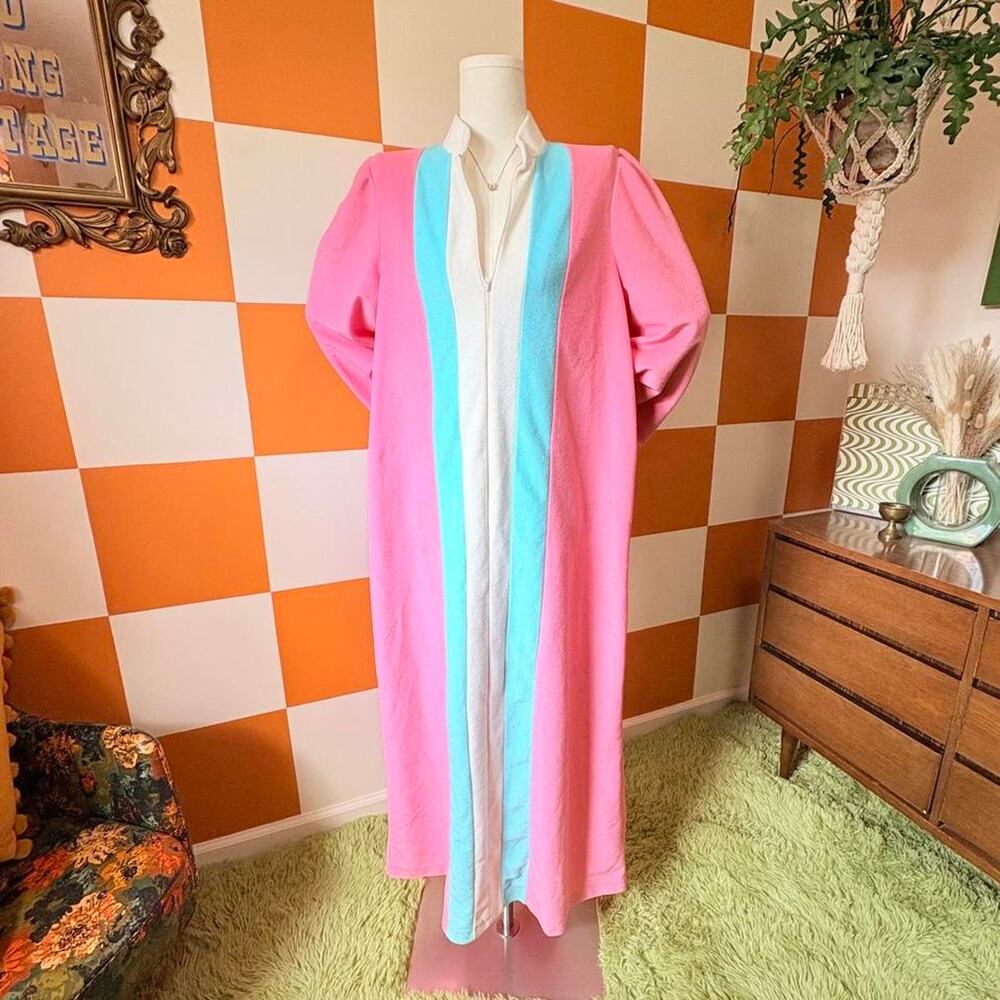 80s Vintage Pink Blue and White Striped Fleece House Dress
